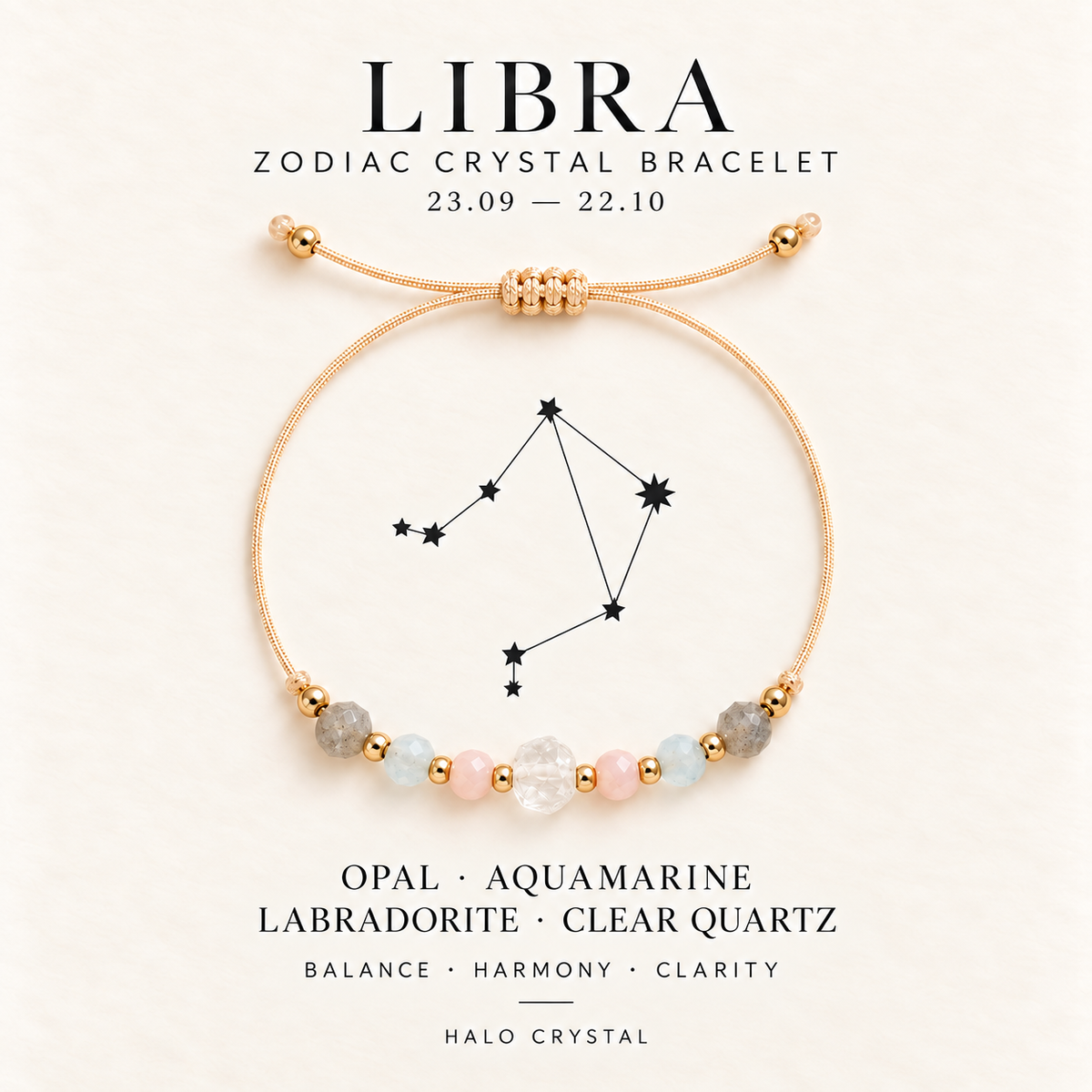 Libra zodiac crystal bracelet on gift card with Libra constellation, Sep 23 – Oct 22