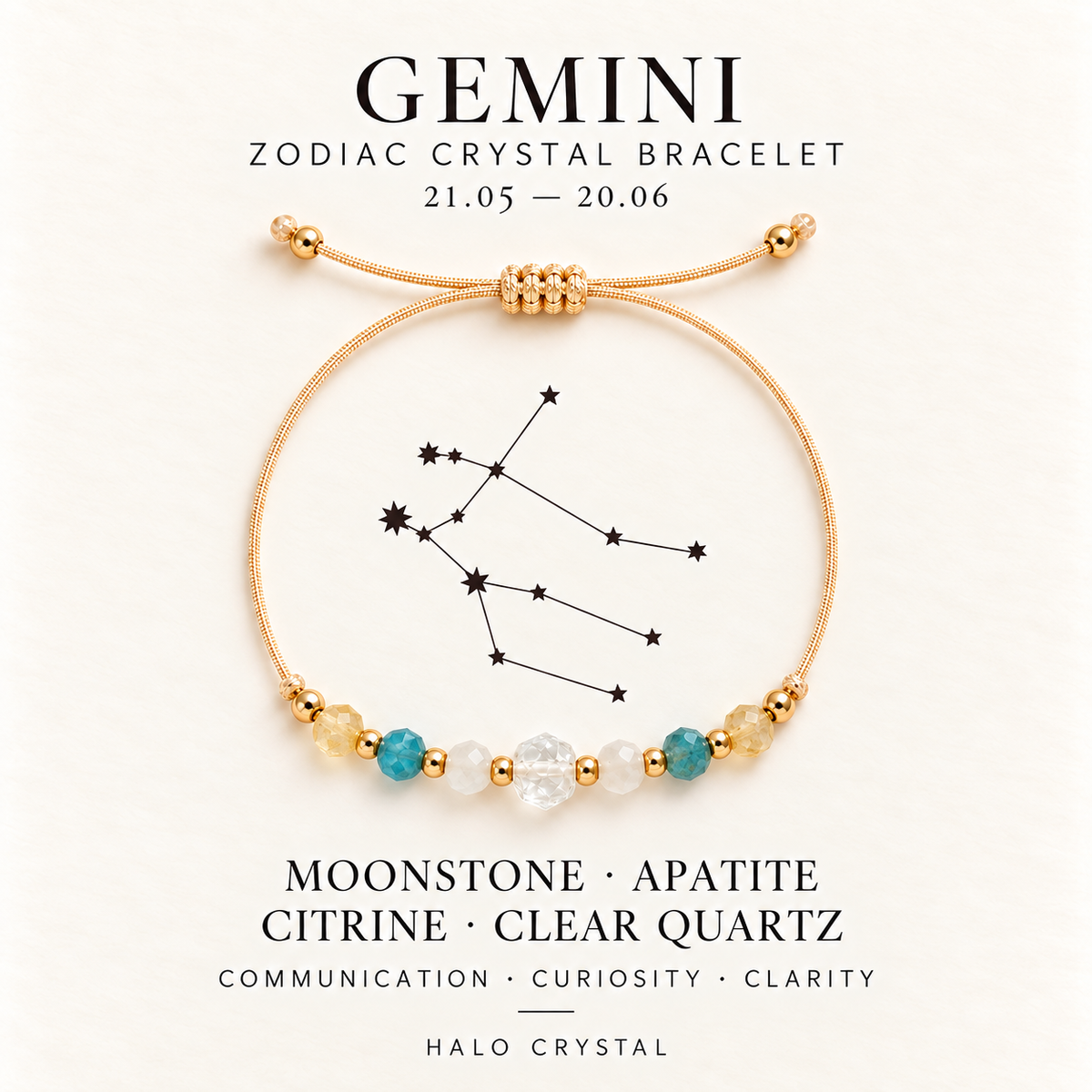Gemini zodiac crystal bracelet on gift card with Gemini constellation, May 21 – Jun 20