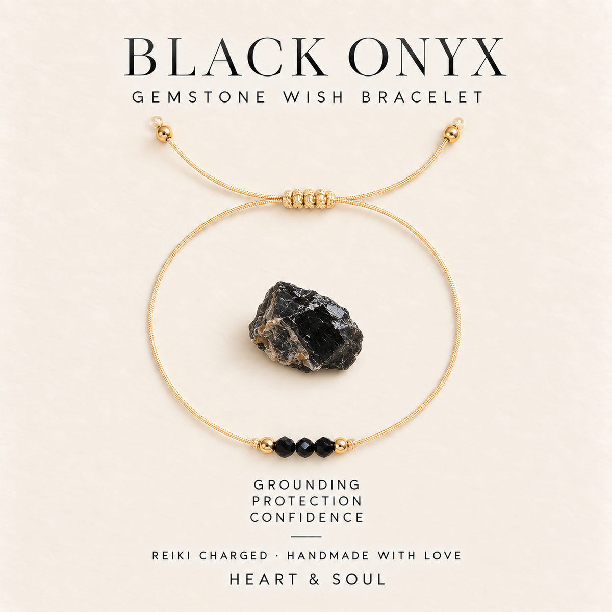 Black onyx gemstone wish bracelet on gold-tone adjustable cord with gift card