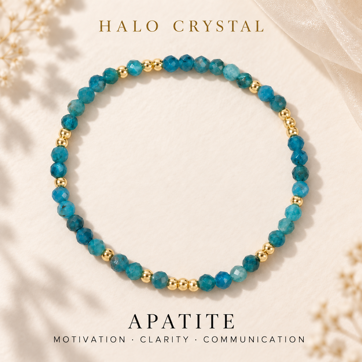 Apatite faceted gemstone stacking bracelet with gold-tone beads