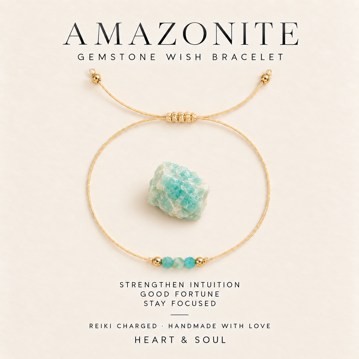 Amazonite gemstone wish bracelet on gold-tone adjustable cord with gift card
