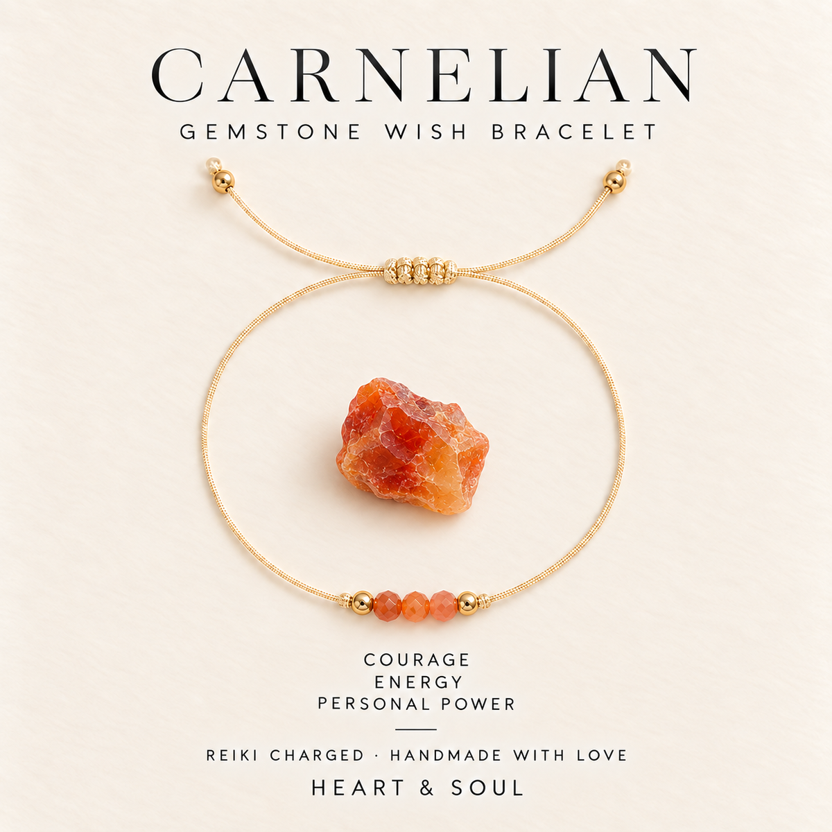 Carnelian gemstone wish bracelet on gold-tone adjustable cord with gift card