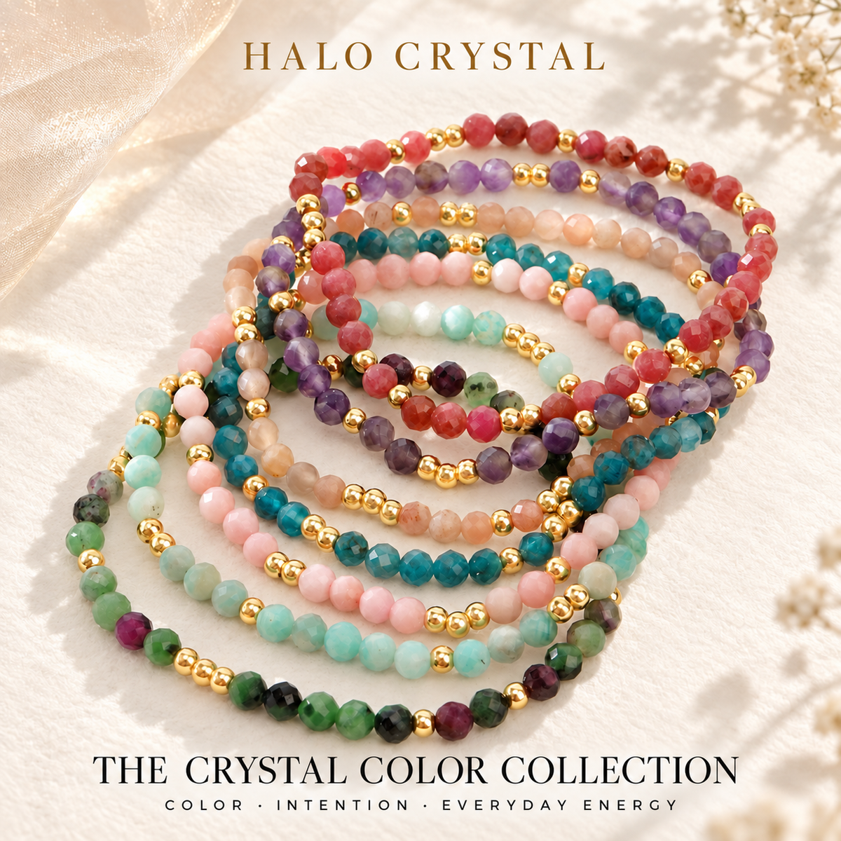 Set of faceted gemstone stacking bracelets in amethyst, pink, peach, teal and green