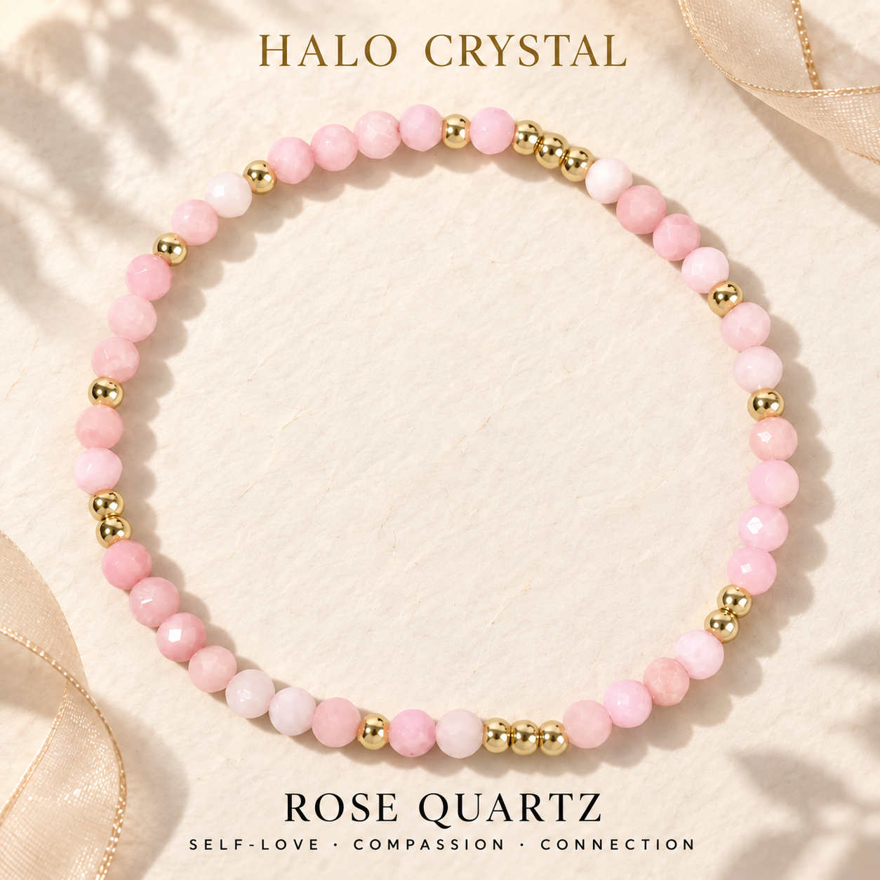 Rose quartz faceted gemstone stacking bracelet with gold-tone beads