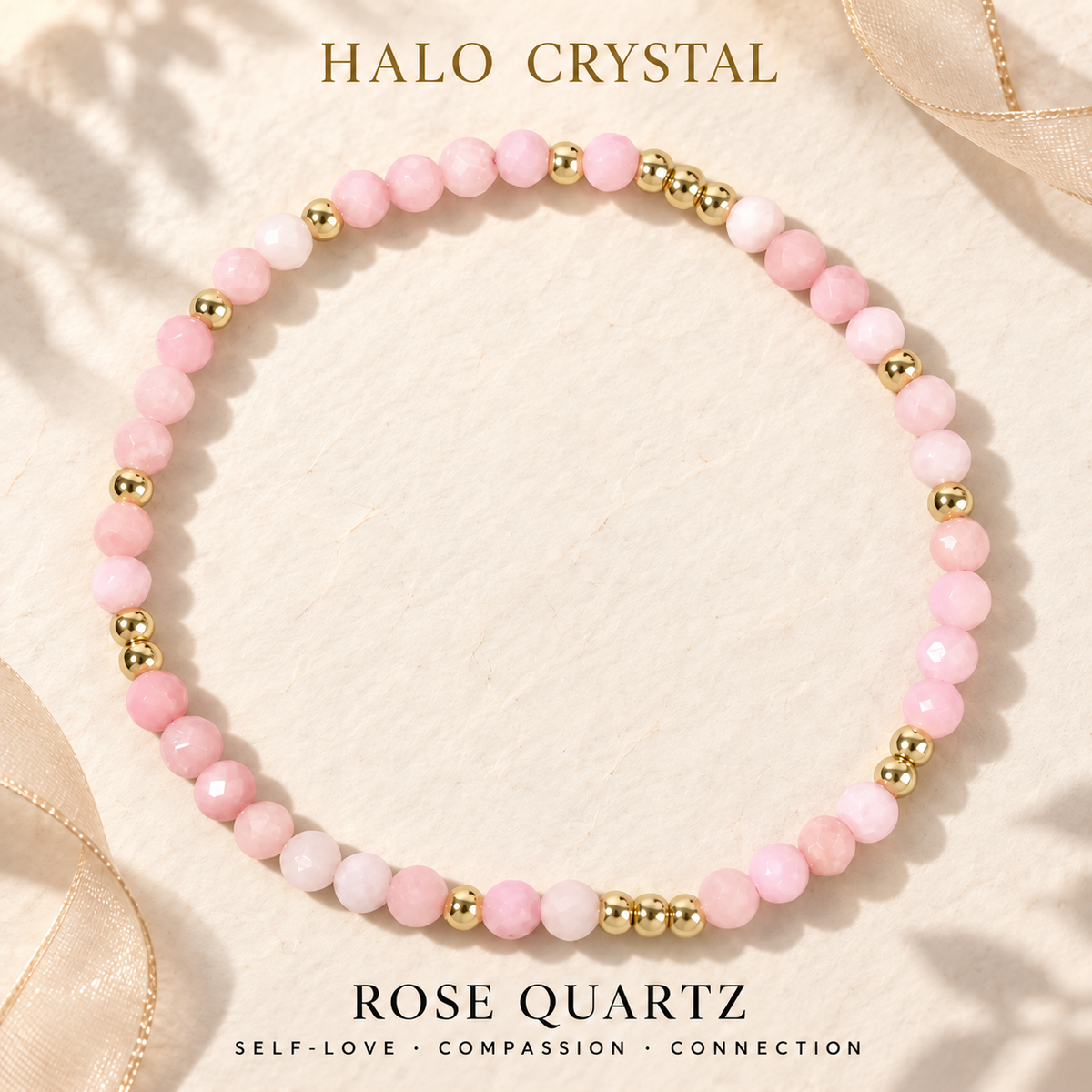 Rose quartz faceted gemstone stacking bracelet with gold-tone beads