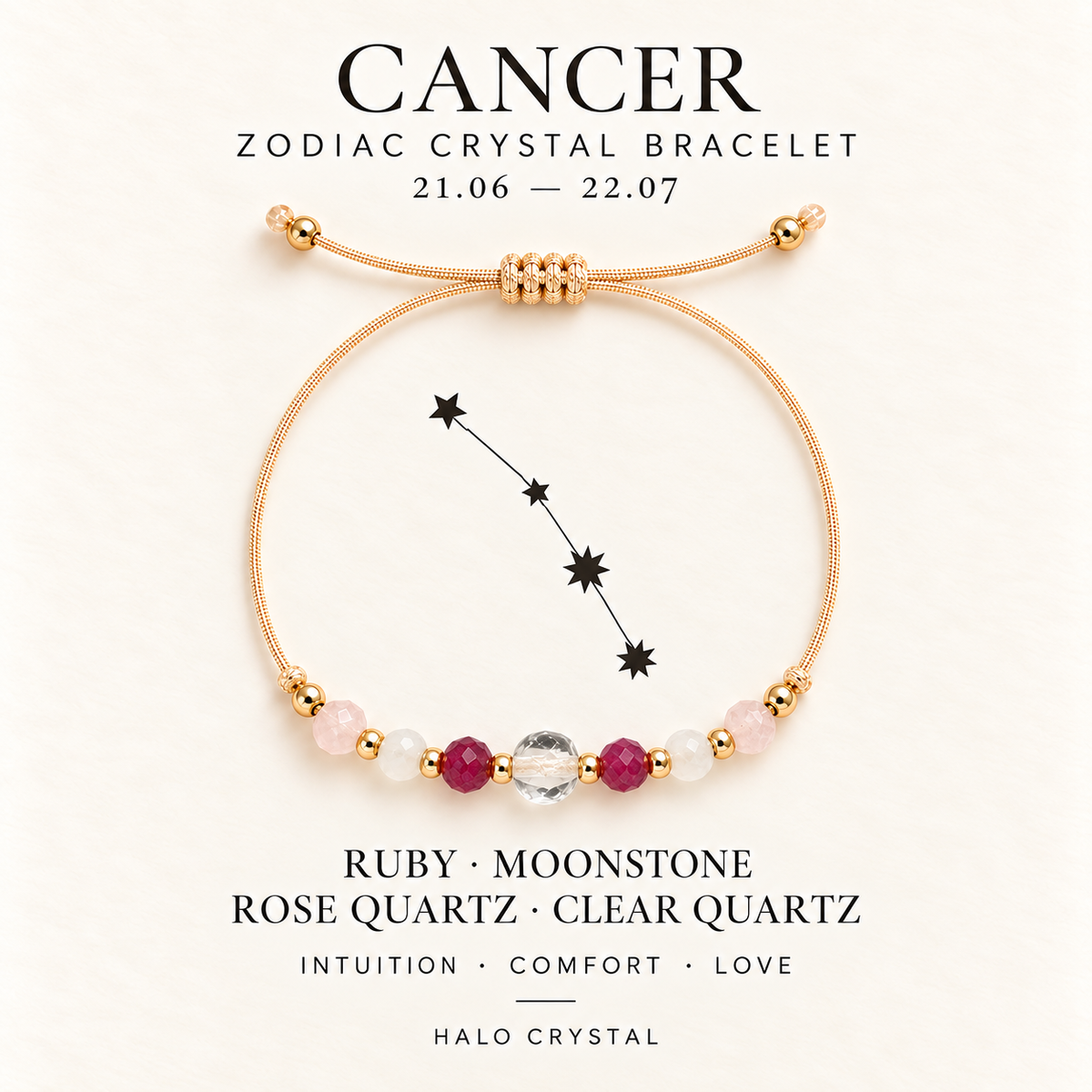 Cancer zodiac crystal bracelet on gift card with Cancer constellation, Jun 21 – Jul 22