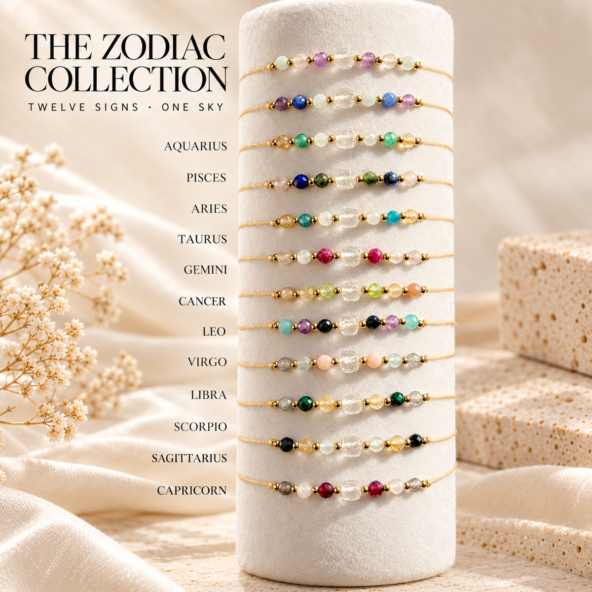 Zodiac crystal bracelets for all 12 signs on constellation gift cards