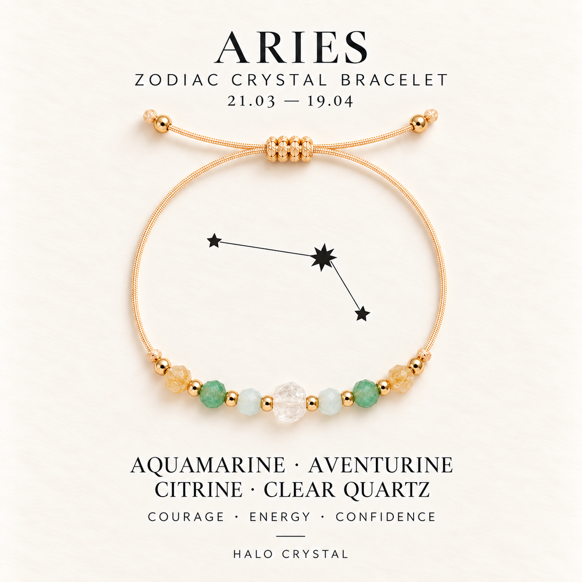 Aries zodiac crystal bracelet on gift card with Aries constellation, Mar 21 – Apr 19