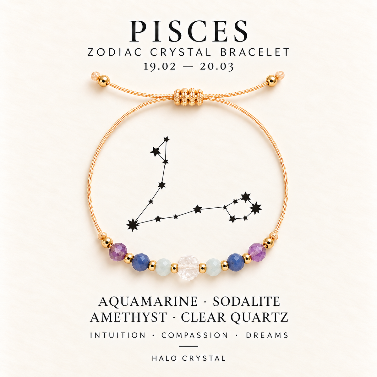Pisces zodiac crystal bracelet on gift card with Pisces constellation, Feb 19 – Mar 20