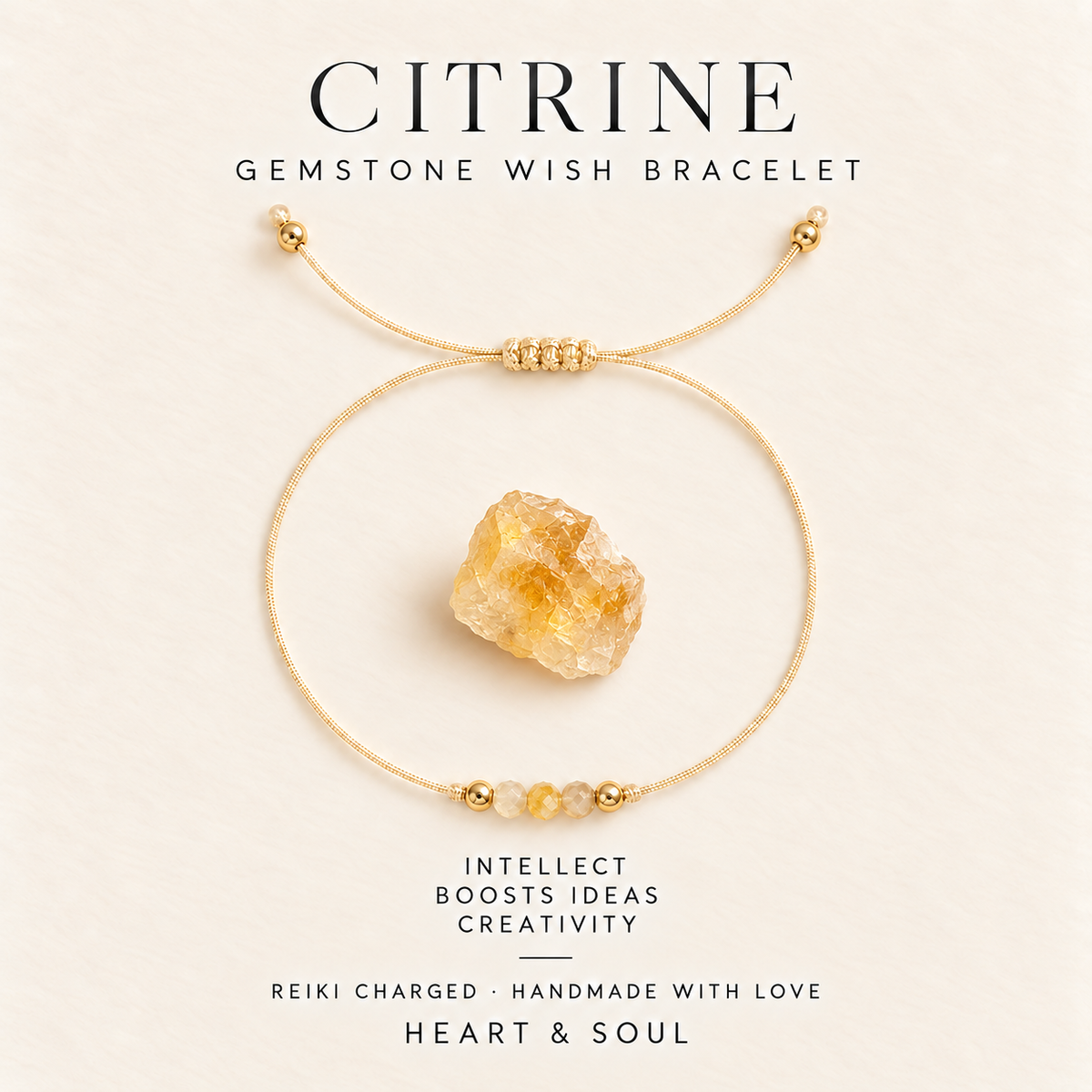Citrine gemstone wish bracelet on gold-tone adjustable cord with gift card