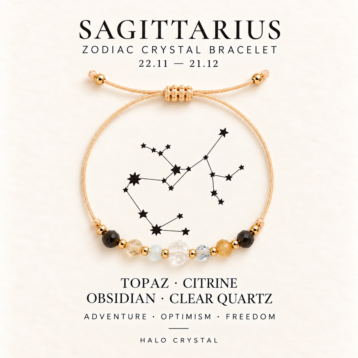 Sagittarius zodiac crystal bracelet on gift card with Sagittarius constellation, Nov 22 – Dec 21