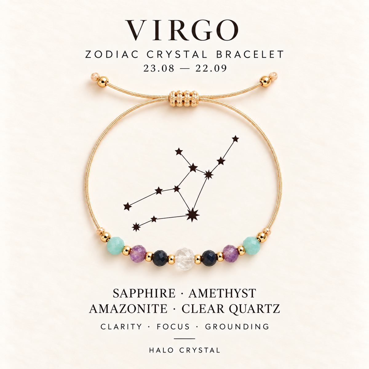 Virgo zodiac crystal bracelet on gift card with Virgo constellation, Aug 23 – Sep 22