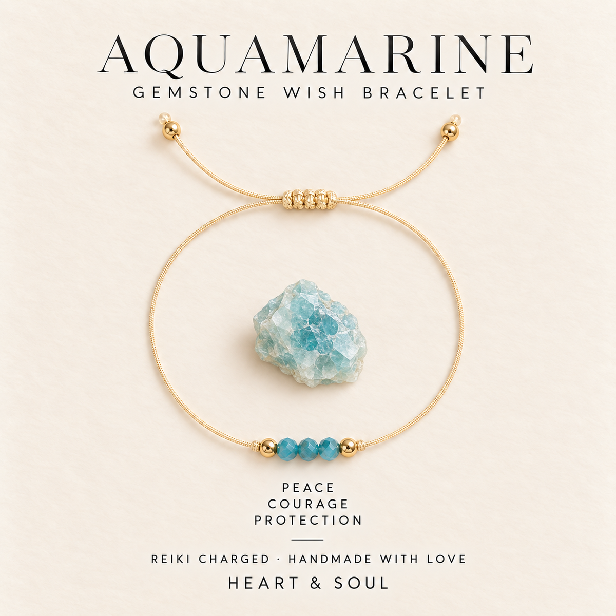 Aquamarine gemstone wish bracelet on gold-tone adjustable cord with gift card