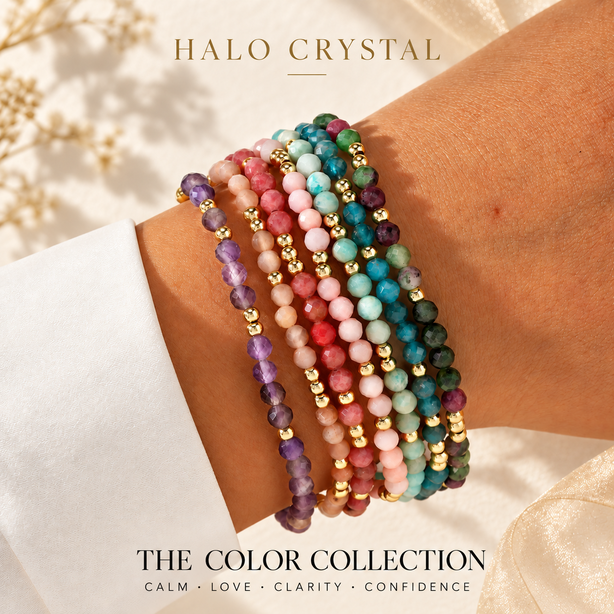 Faceted gemstone stacking bracelets layered on wrist