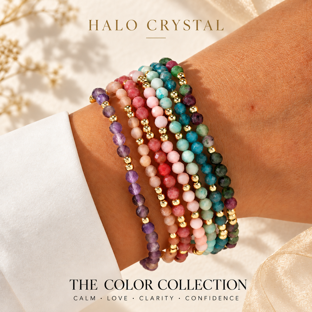 Faceted gemstone stacking bracelets layered on wrist