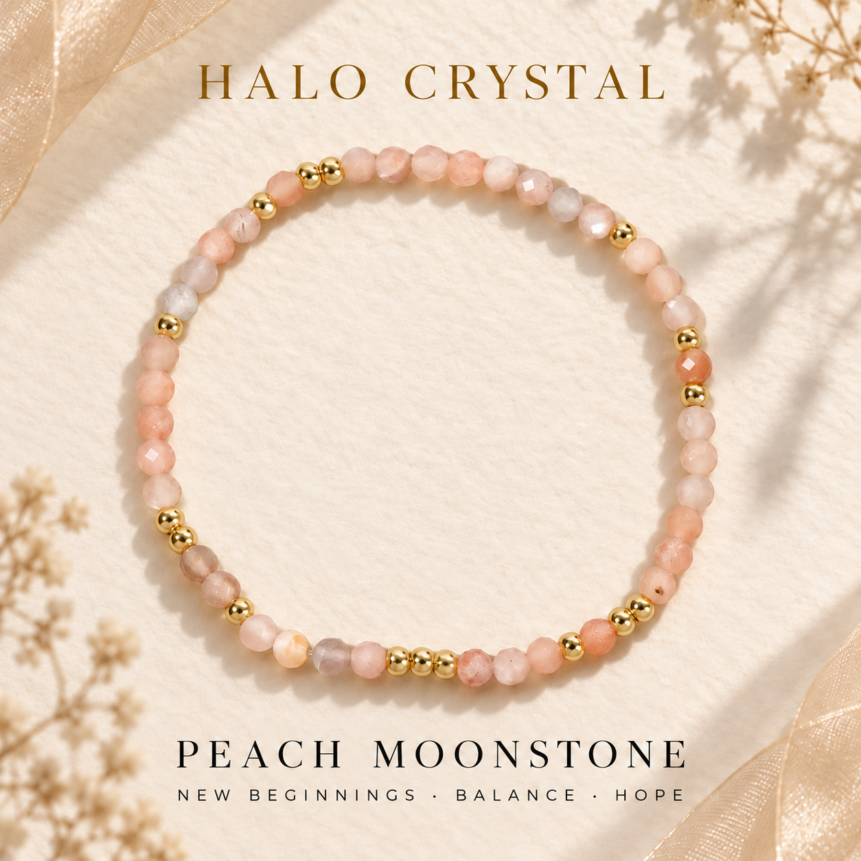 Peach moonstone faceted gemstone stacking bracelet with gold-tone beads