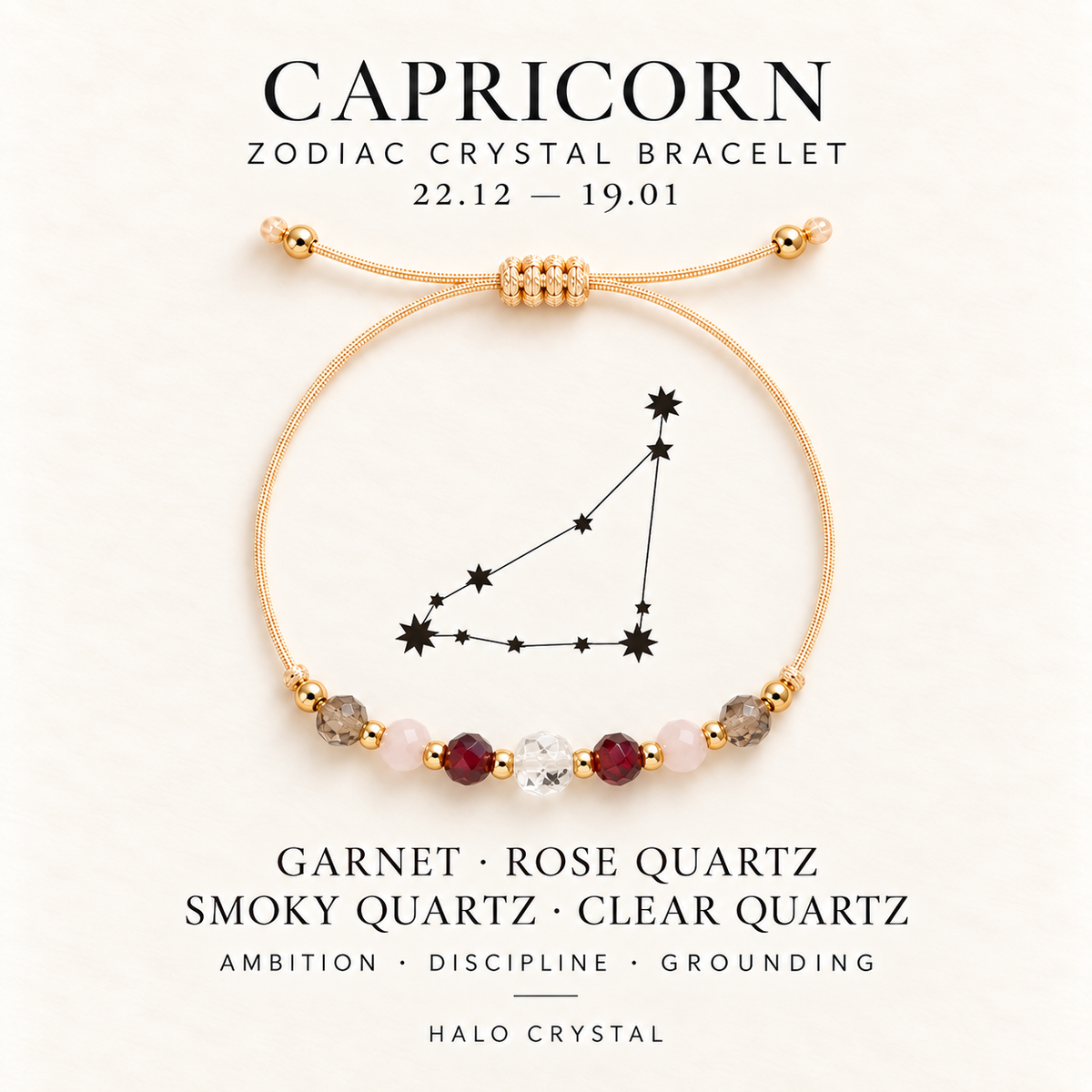 Capricorn zodiac crystal bracelet on gift card with Capricorn constellation, Dec 22 – Jan 19