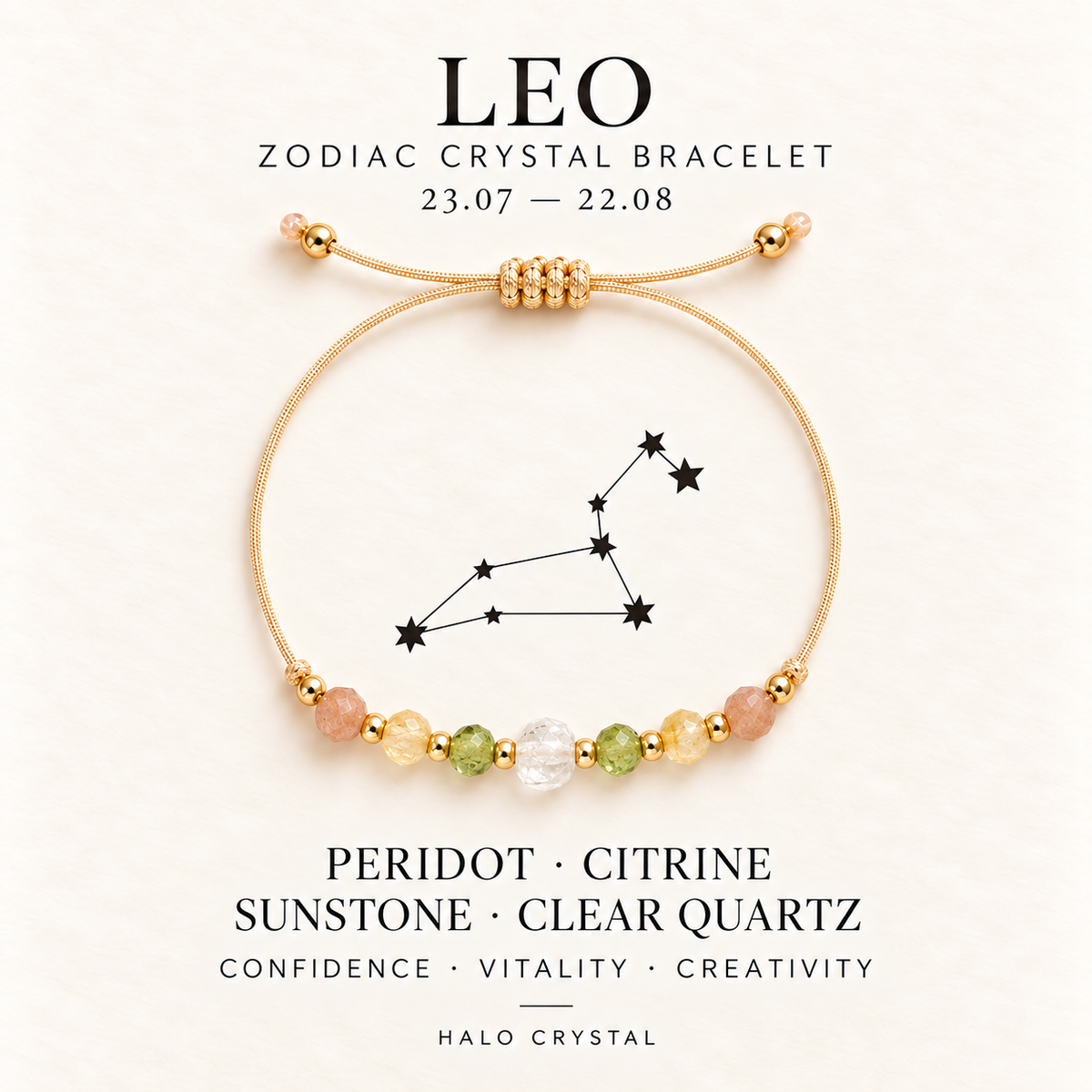 Leo zodiac crystal bracelet on gift card with Leo constellation, Jul 23 – Aug 22