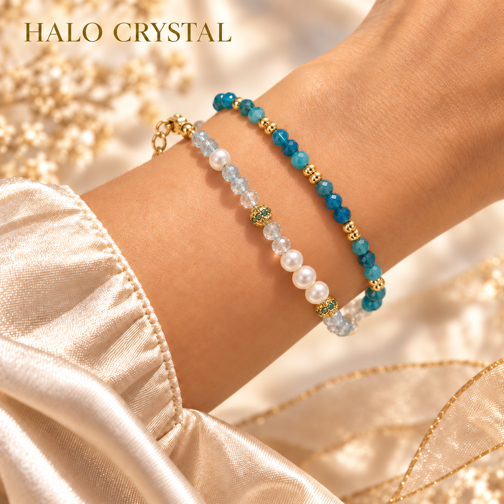 Aquamarine and pearl bracelet stacked with an apatite faceted gemstone bracelet on wrist