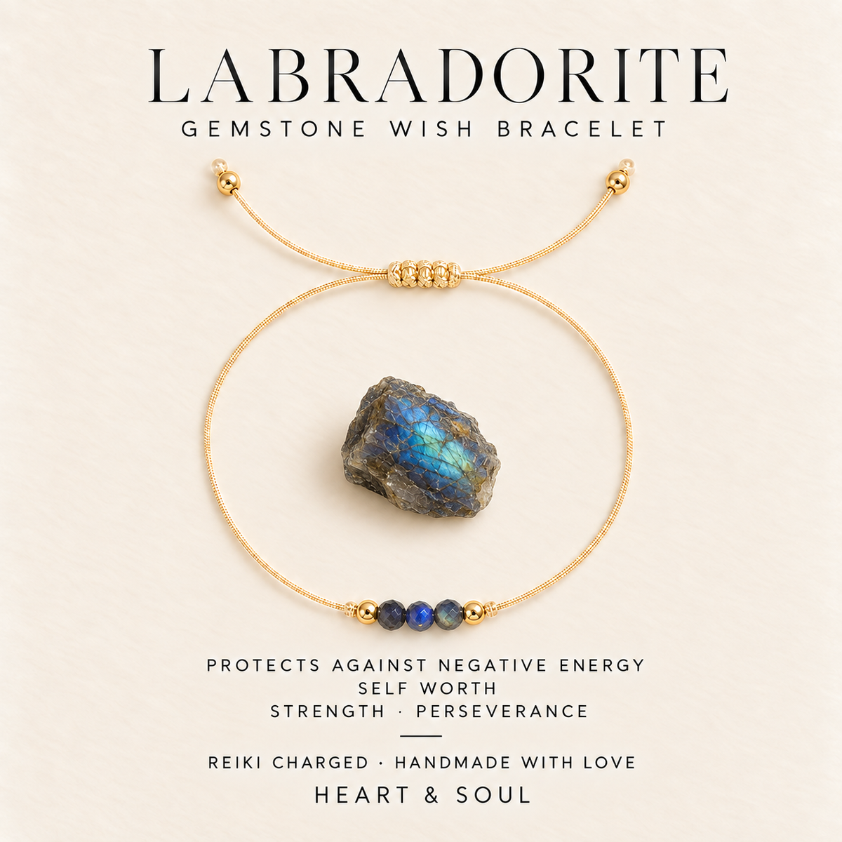 Labradorite gemstone wish bracelet on gold-tone adjustable cord with gift card