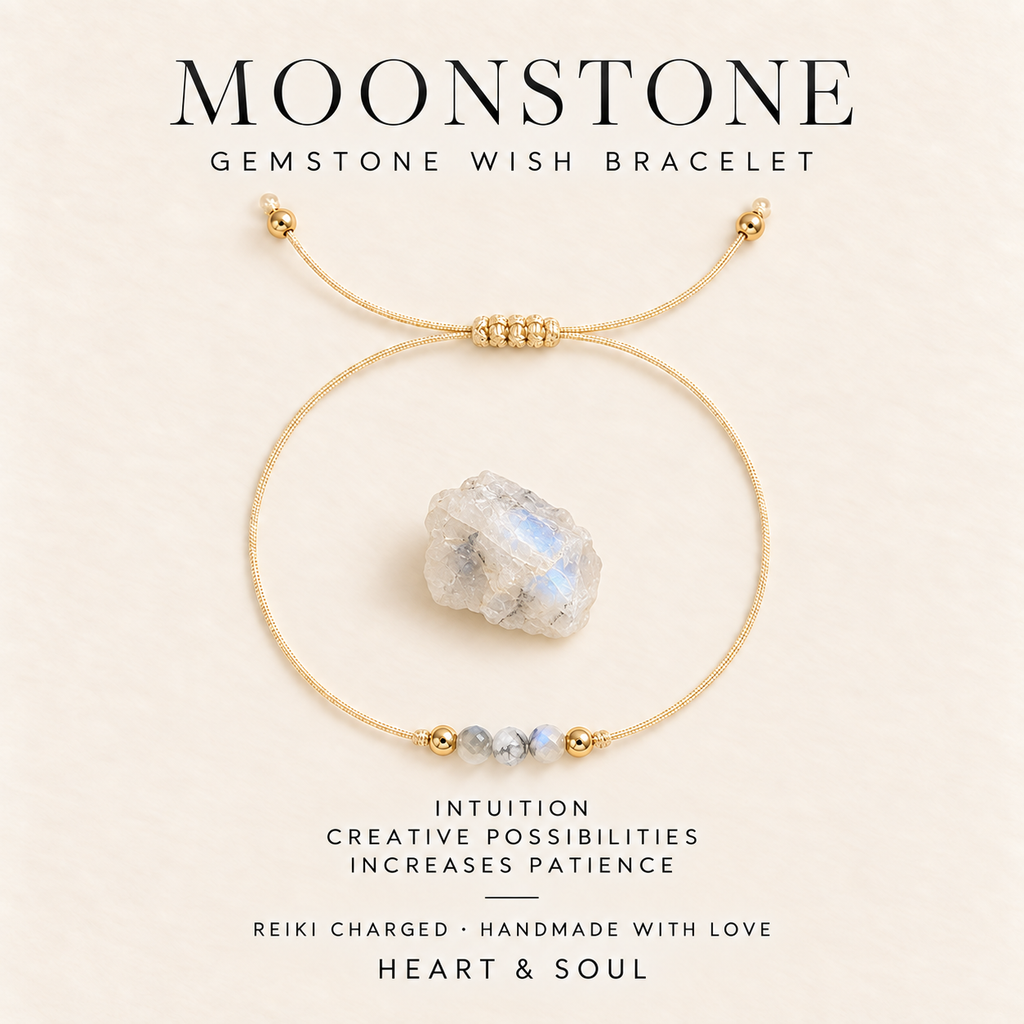 Moonstone gemstone wish bracelet on gold-tone adjustable cord with gift card