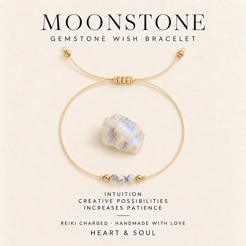Moonstone gemstone wish bracelet on gold-tone adjustable cord with gift card