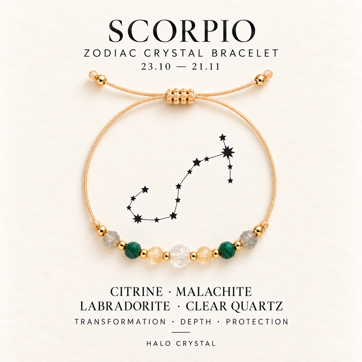 Scorpio zodiac crystal bracelet on gift card with Scorpio constellation, Oct 23 – Nov 21
