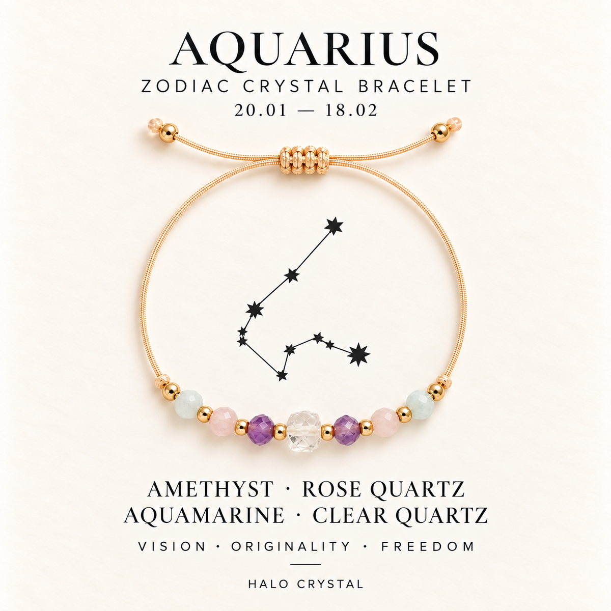 Aquarius zodiac crystal bracelet on gift card with Aquarius constellation, Jan 20 – Feb 18