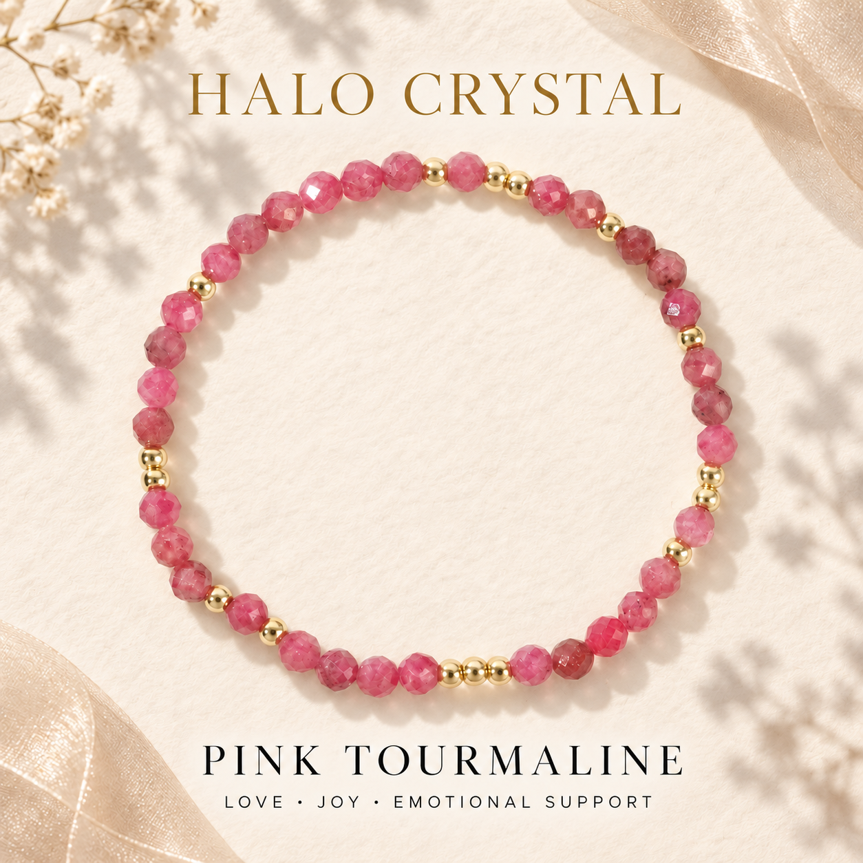 Pink tourmaline faceted gemstone stacking bracelet with gold-tone beads