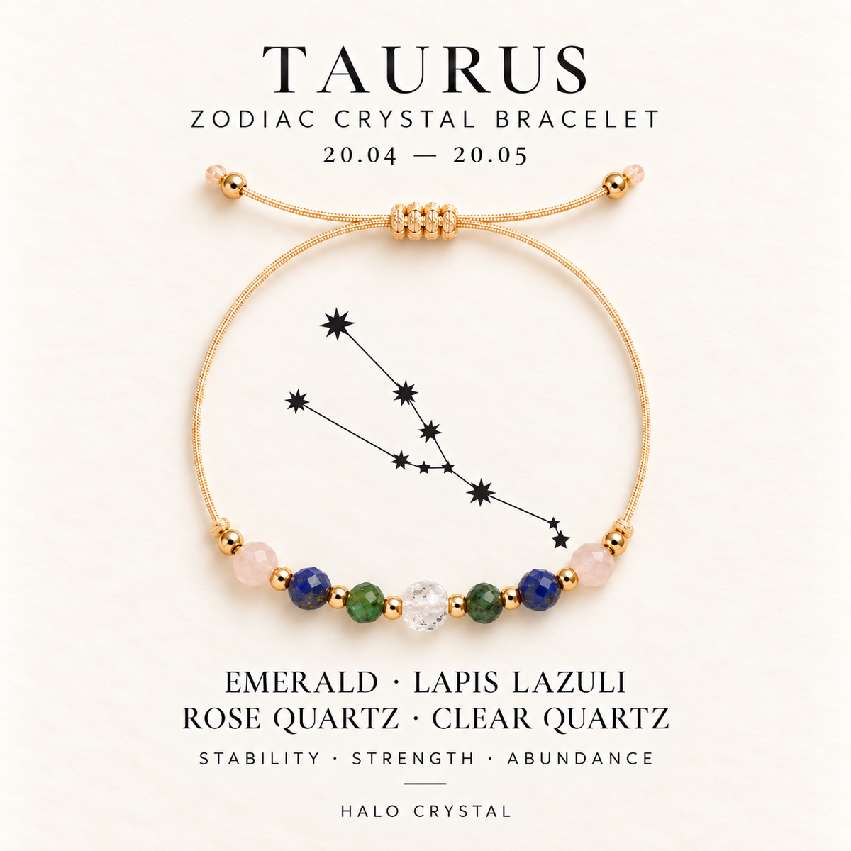 Taurus zodiac crystal bracelet on gift card with Taurus constellation, Apr 20 – May 20
